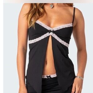 Edikted Black Lace Trim Camisole Split Front Cami grunge minimalist festival NWT